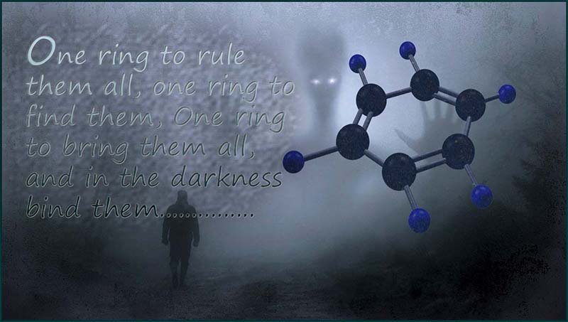 Cartoon style to show the structure of benzene, themed on Lord of the rings.